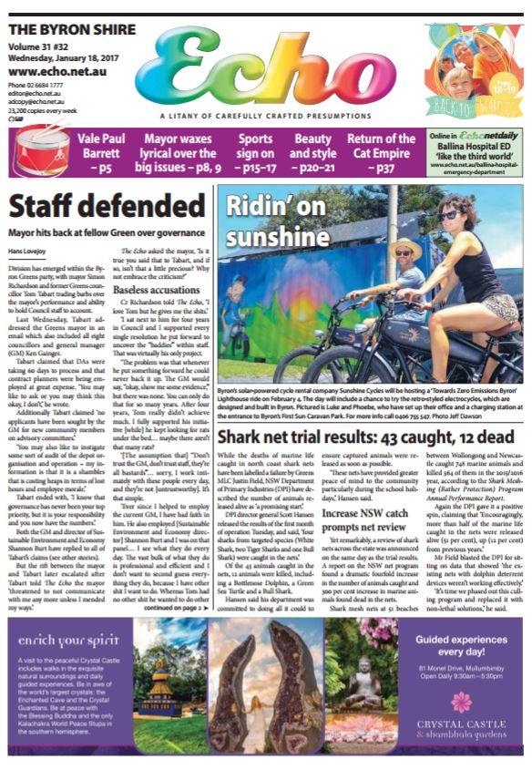 VALLKREE X SUNSHINE CYCLES: BYRON'S SOLAR-POWERED CYCLE RENTAL FEATURED ON THE BYRON SHIRE ECHO NEWSPAPER - Vallkree